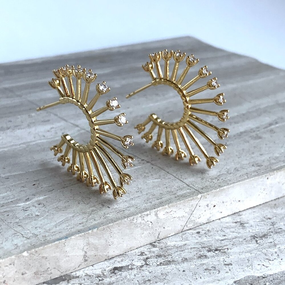 New ~ Anthropologie Gold Sunburst Crystal Tip Hoop Earrings